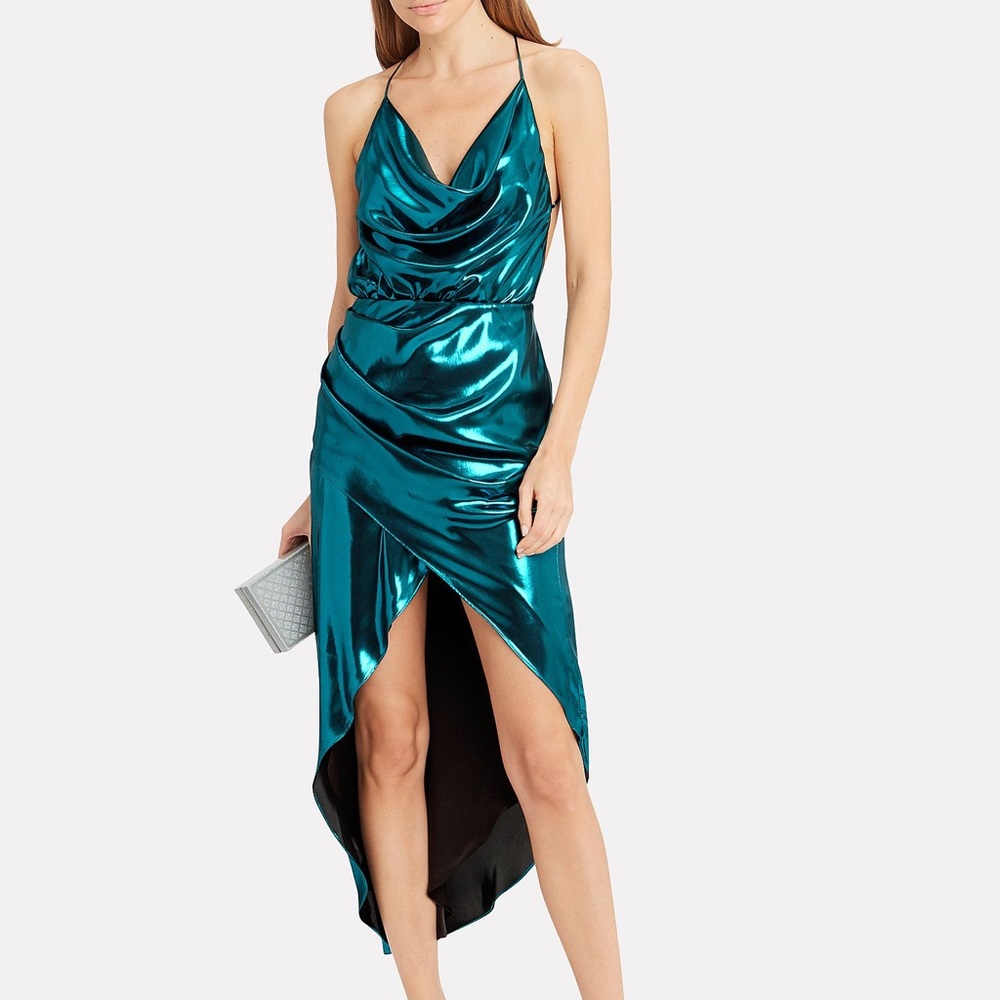Haney Cowl Neck Metallic Blue Dress